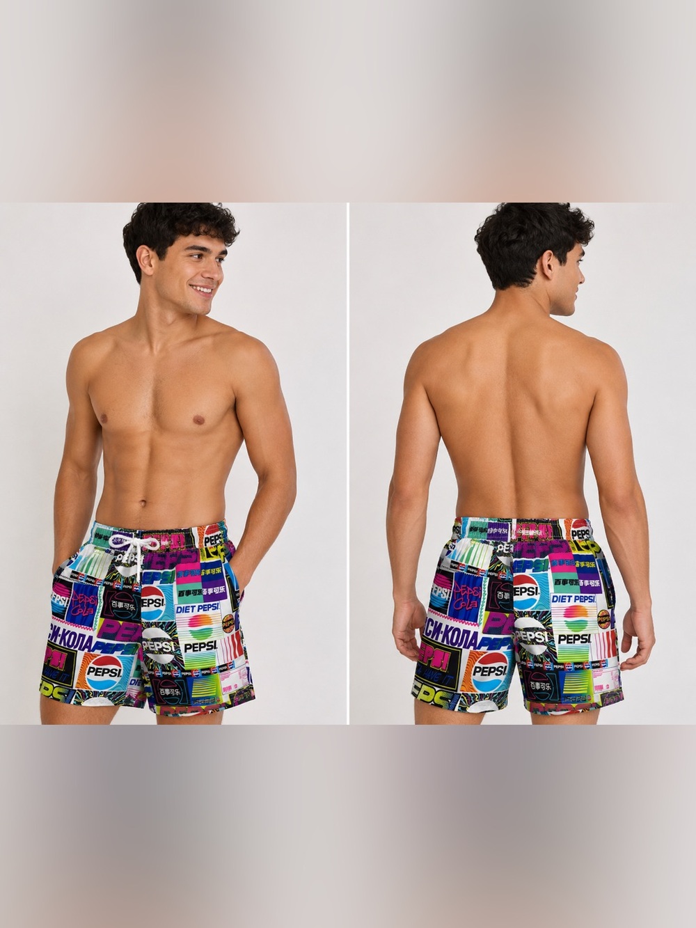 Pepsi Multicolor Patchwork Swim Trunks - Blue, Pink, Green, Yellow